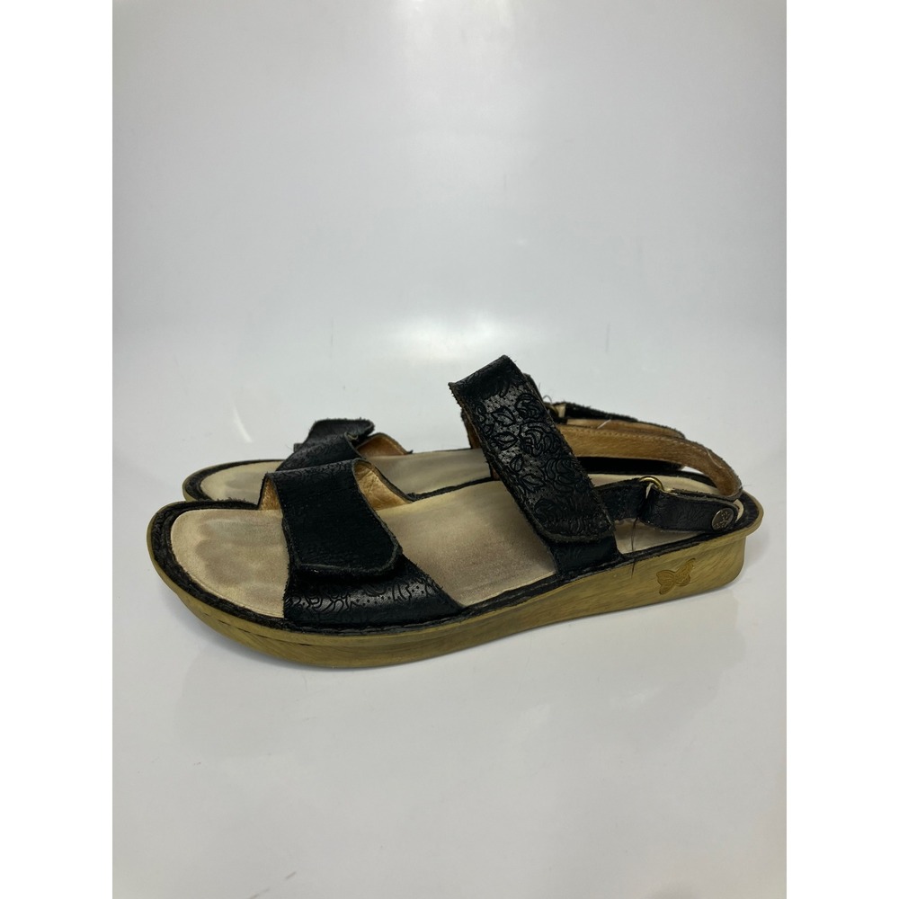 Alegria Verona Sandals Womens 40 Black Good Embossed Leather Wedge Strappy